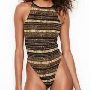 Victoria Sport Elegant Black and Gold Striped One-Piece Bodysuit